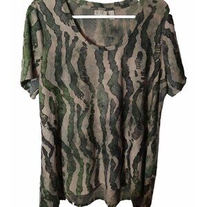 Lori Goldstein LOGO Womens Camouflage Short Sleeve Top Size L Jaquard Knit